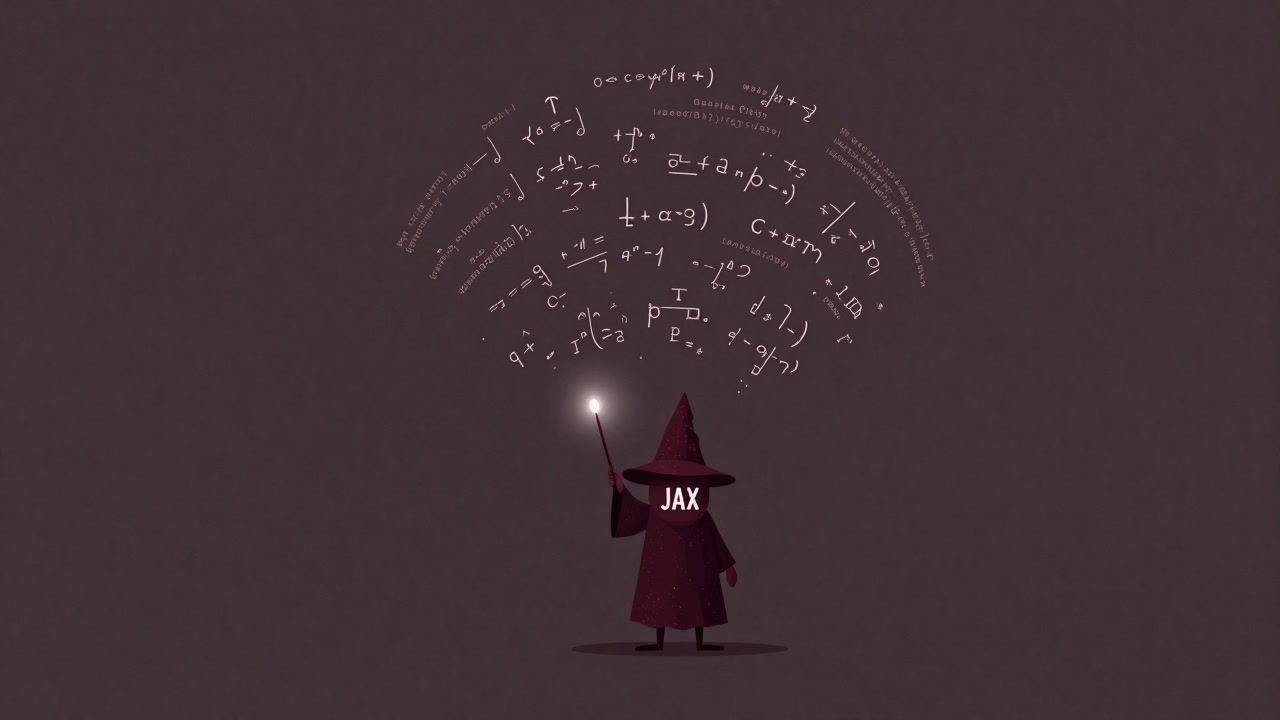 Illustration of a small wizard version of the JAX logo waving a magic wand amidst scattered formulas and code across the screen