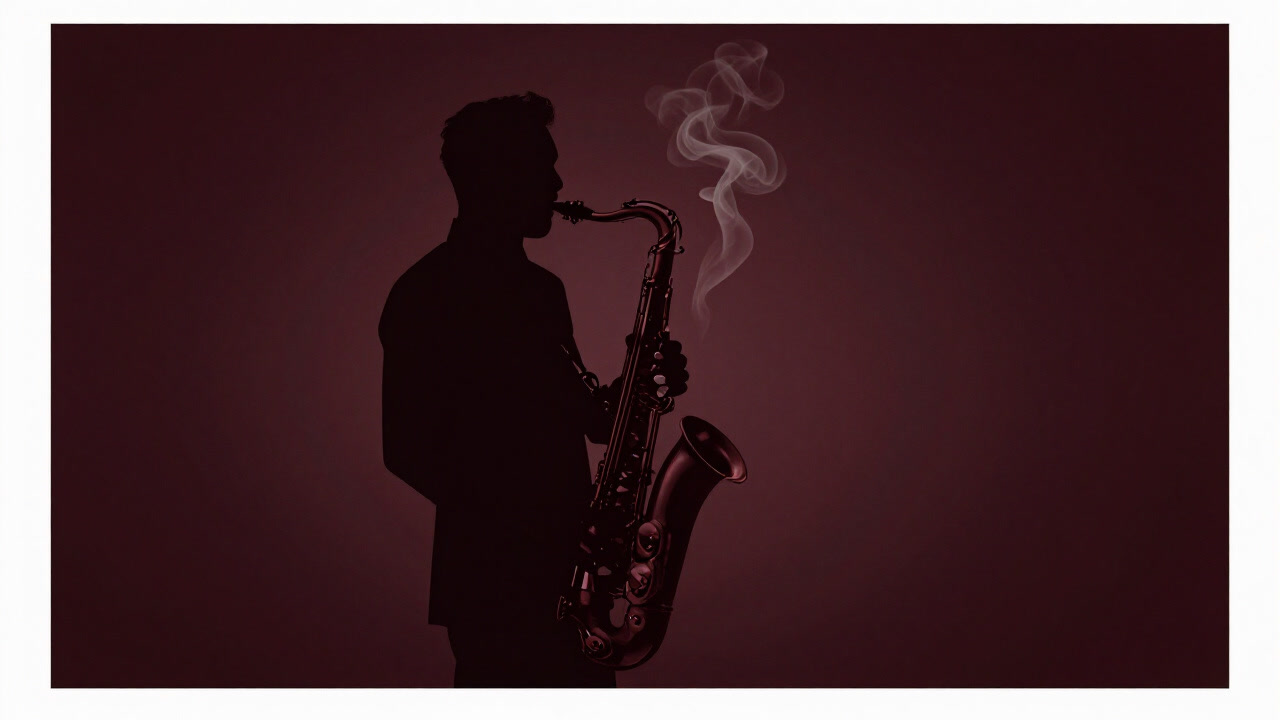 Silhouette of a saxophonist playing elegantly enveloped in smoke within a dim jazz club