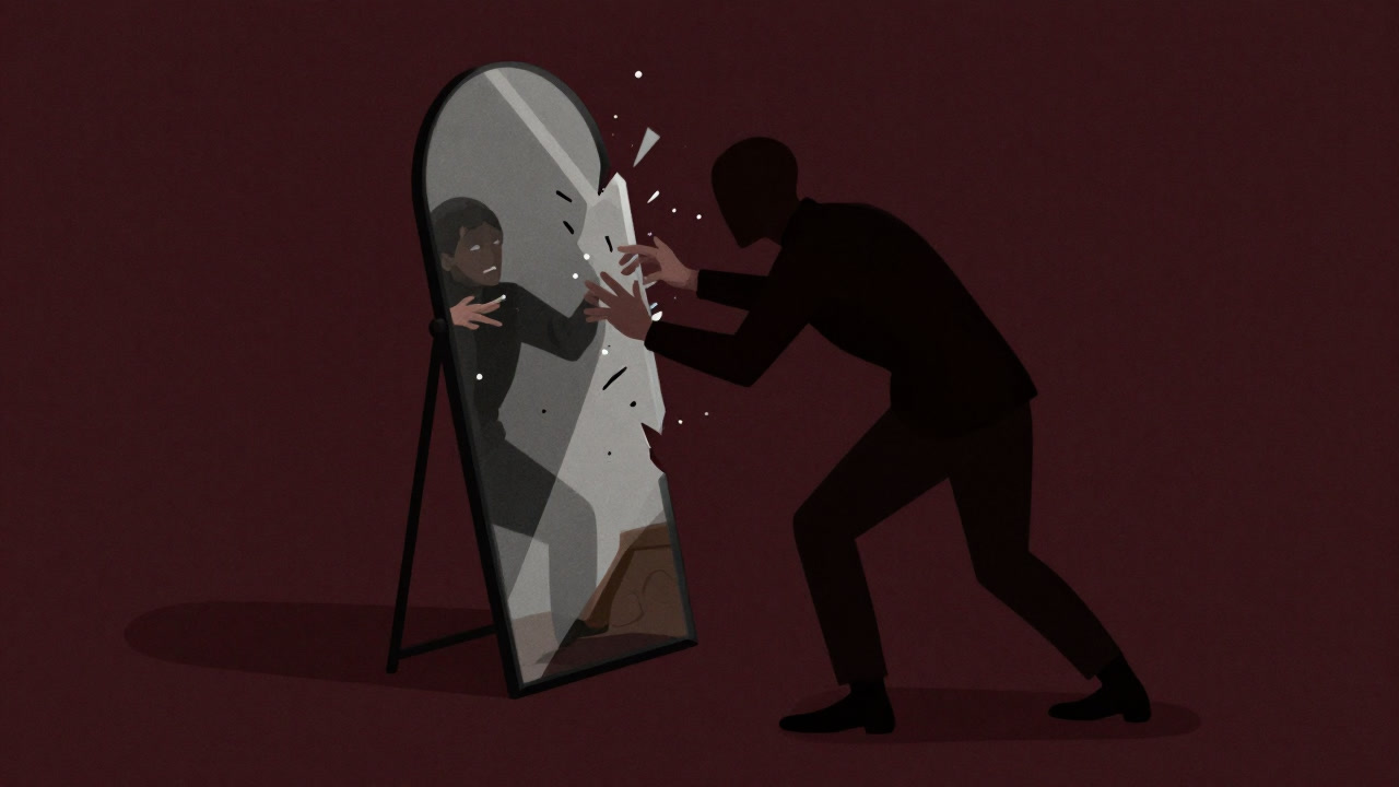 Illustration of a person consumed by jealousy smashing a mirror