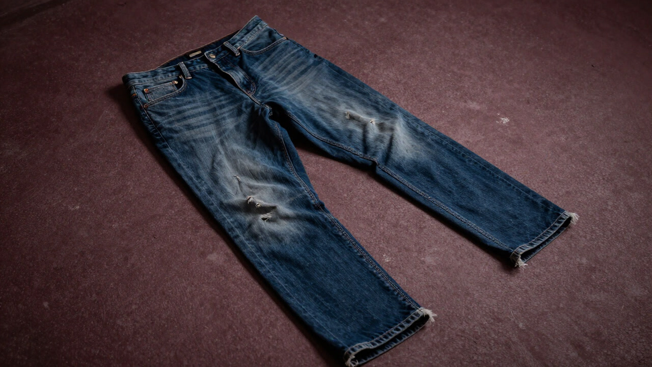 古びたジーンズが無造作に地面に置かれ、色褪せとほつれが自己主張する写真