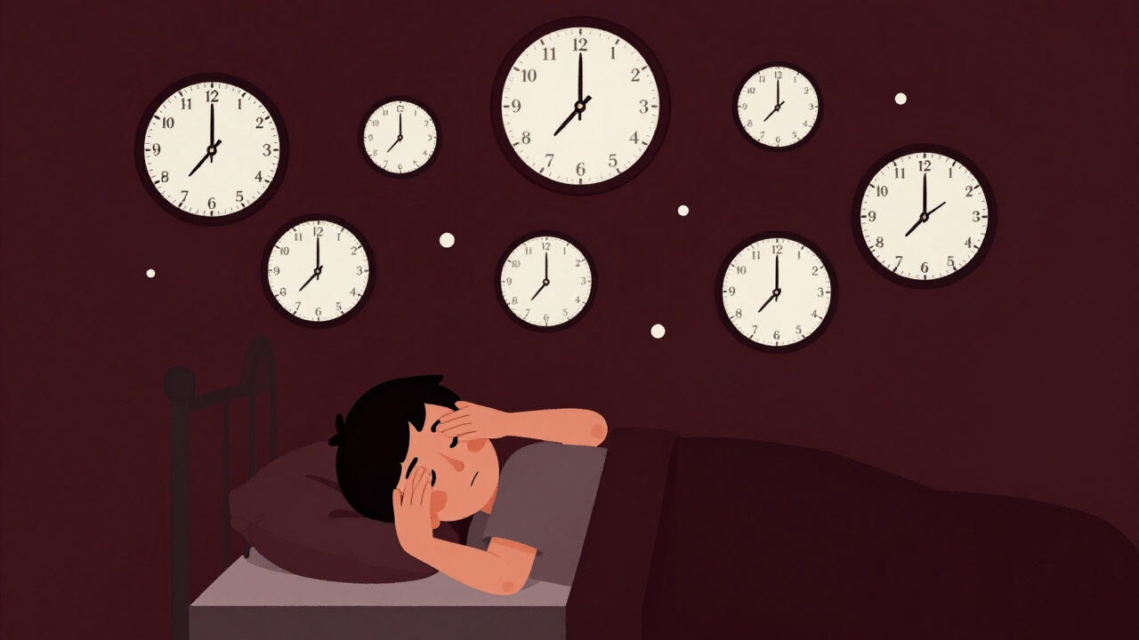 ベッドで目をこすりながら壁に映る異なるタイムゾーンの時計を眺める疲れ切った旅人のイラスト