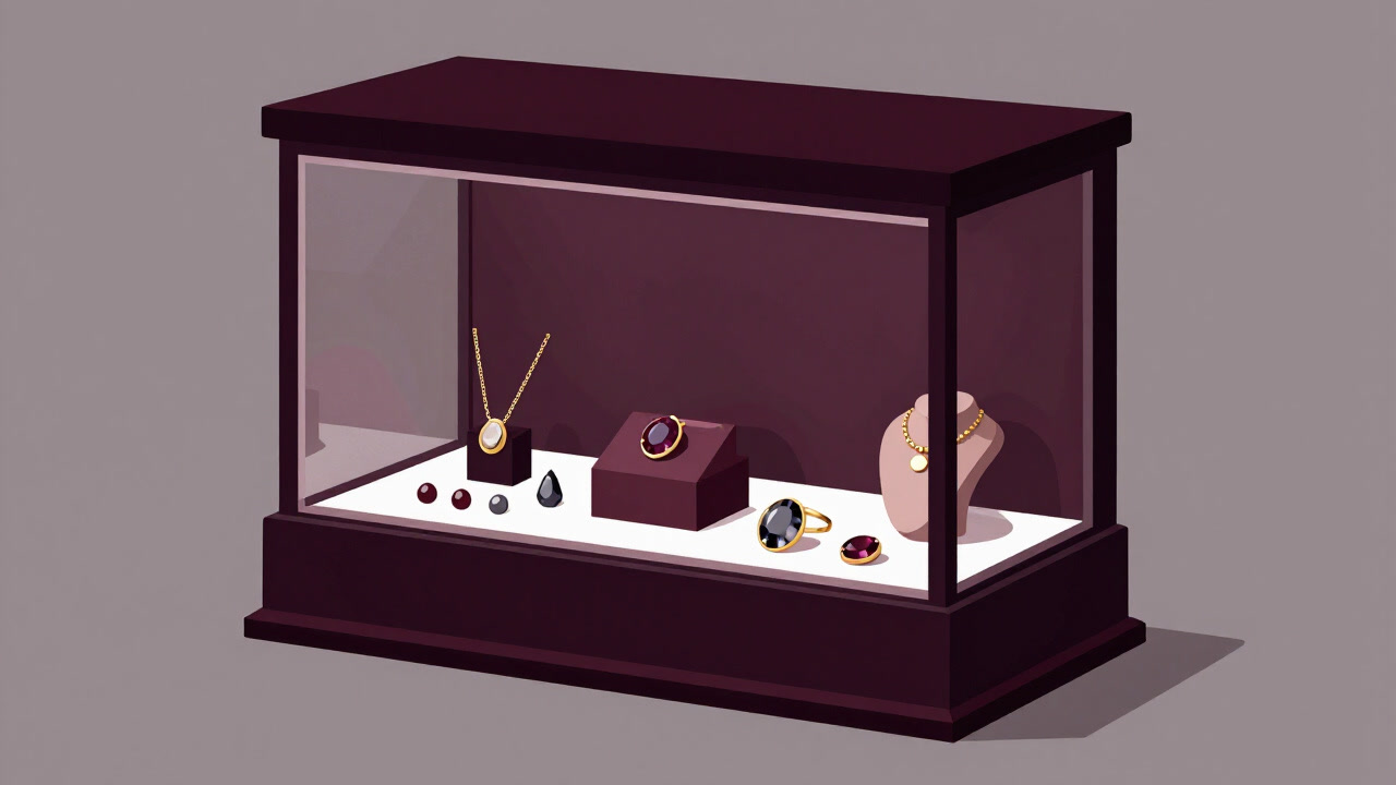 A display case in a jewelry store filled with ostentatiously expensive pieces.