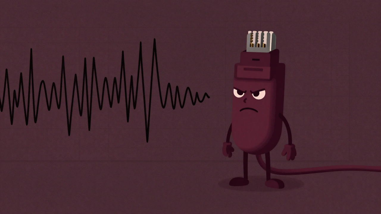 波打つグラフとともに不機嫌そうな顔をした回線の擬人化キャラクター