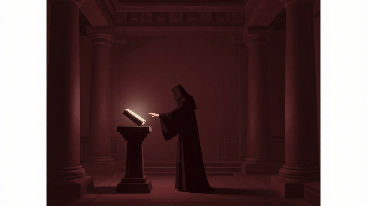 Illustration of a seeker reaching for a softly glowing book in a dim temple interior.