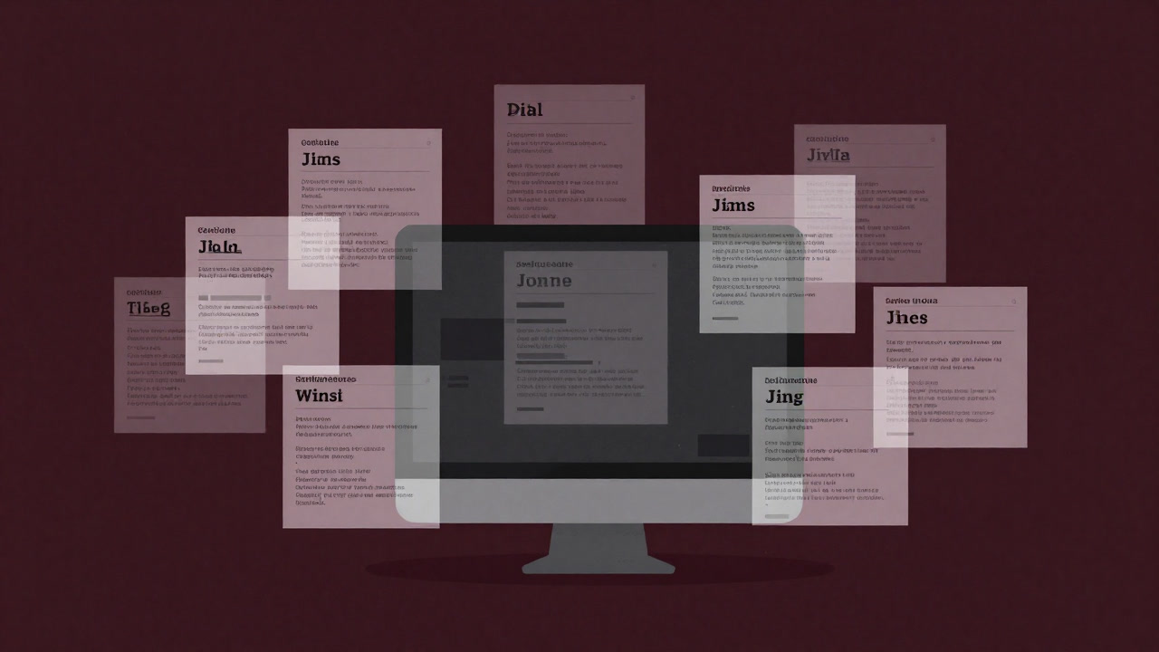 A computer monitor displaying countless blurry job listings, overwhelming the viewer with faded text.