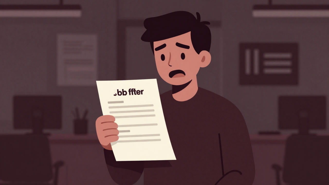 喜びと不安が入り混じった表情で内定通知を眺める若者のイラスト