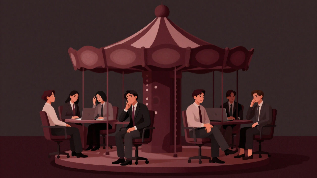 Illustration of dizzy employees on revolving office chairs.