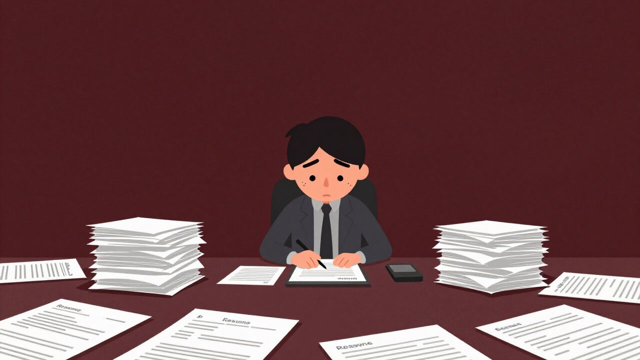 Illustration of a job seeker buried under a pile of resumes, staring tiredly at a computer screen
