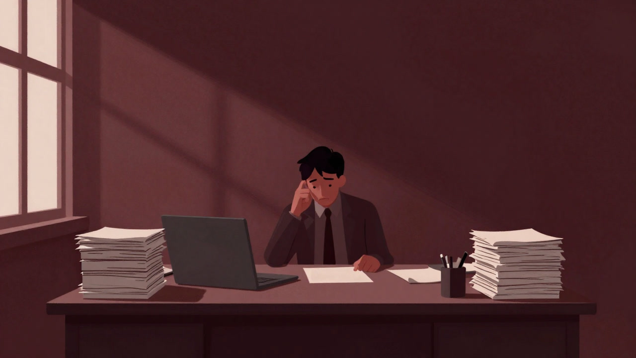 朝日の差し込むオフィスデスクに、山積みの書類と遠い視線を送るサラリーマンの背中