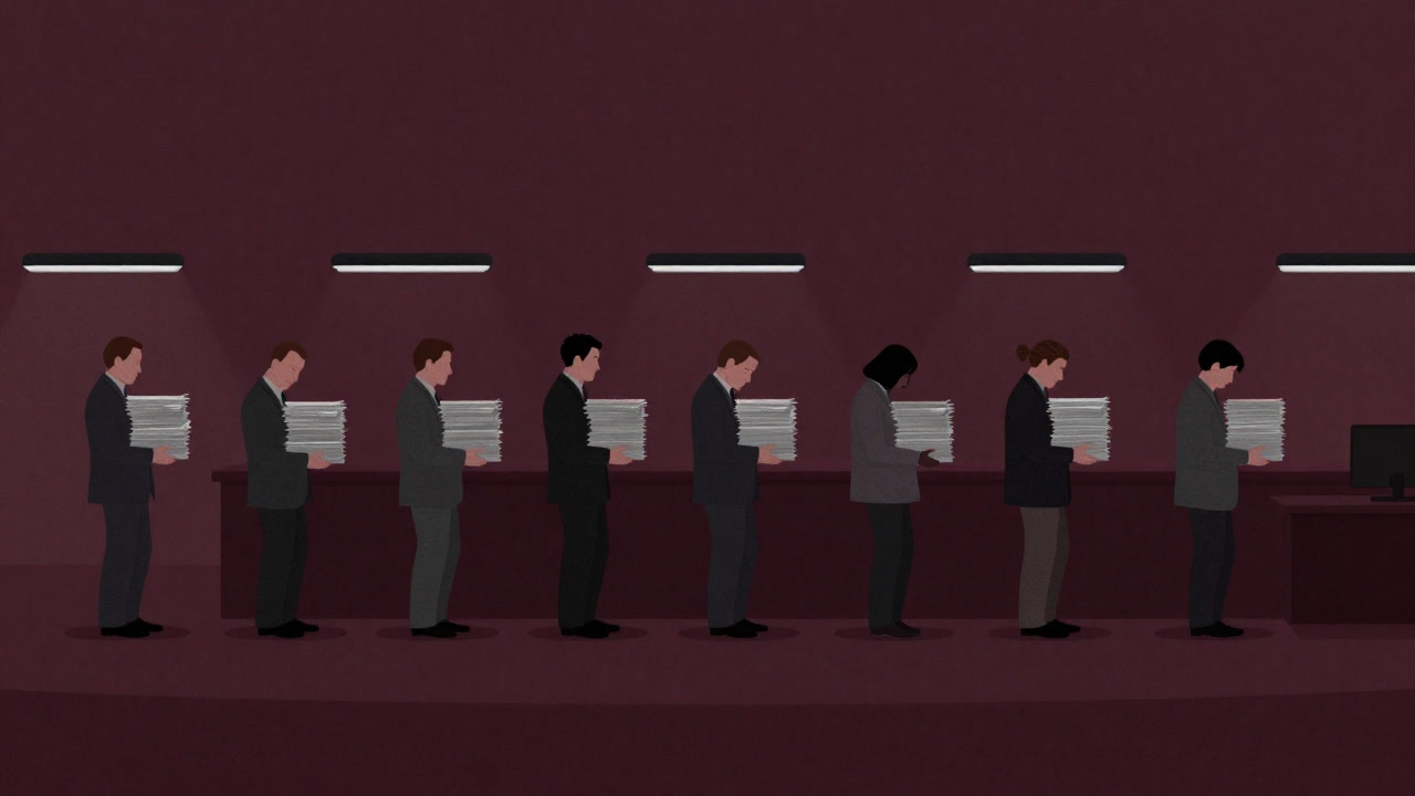 People smiling wryly in front of a long line and a city office window buried under stacks of paperwork