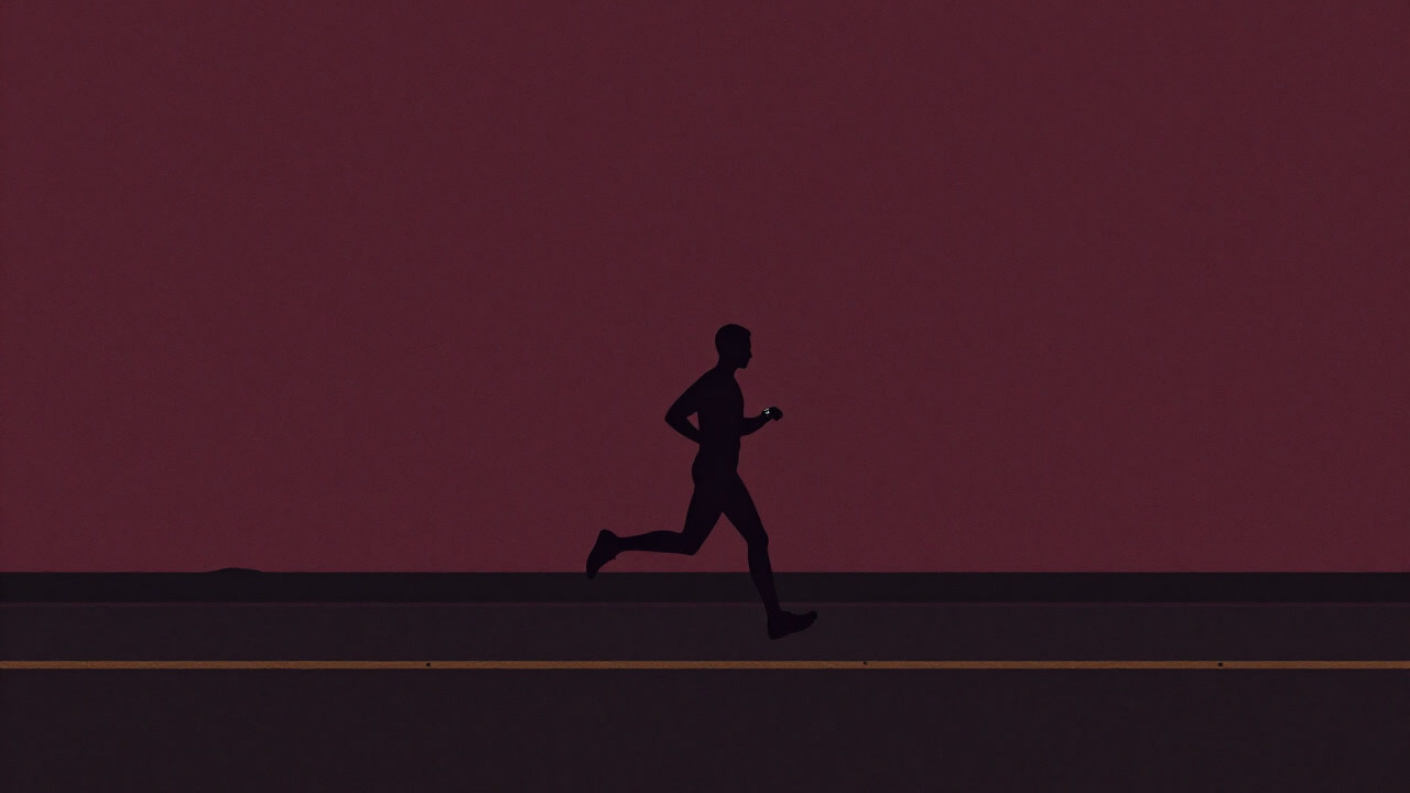 Silhouette of a runner gazing at a smartwatch, jogging on a road before sunrise