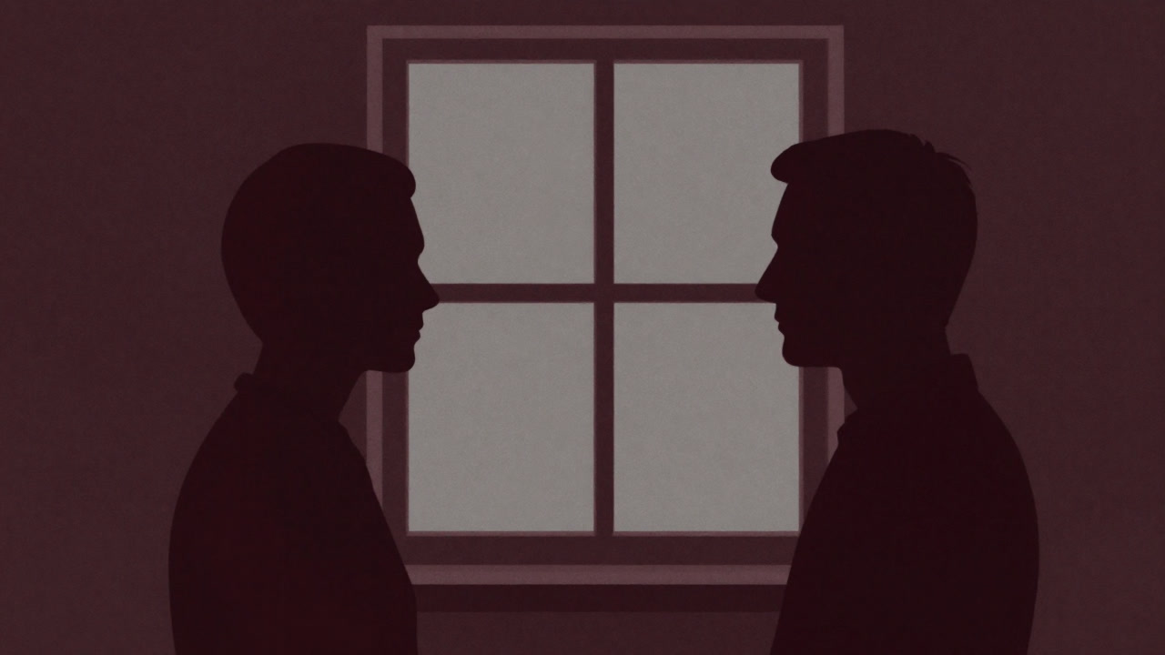 Illustration of two silhouettes facing each other in front of a four-pane window, their shadows projected strangely