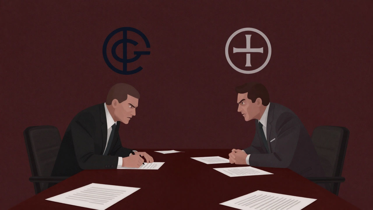 会議テーブルを前に、互いに社章が浮かぶ二つの企業が無言で睨み合うイラスト