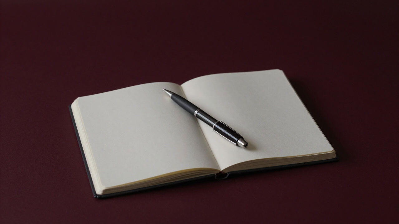 Photo of an open notebook casually placed on a desk with a half-written pen.