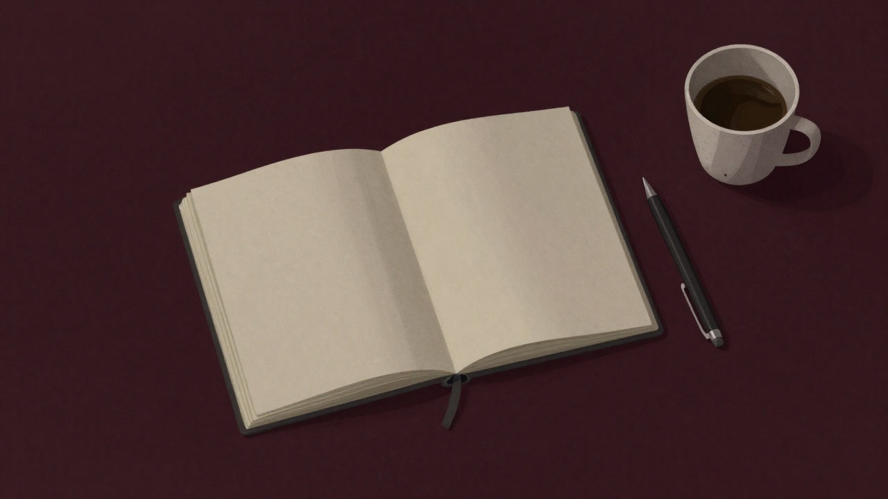 A pristine notebook whispering self-affirmation beside a pen, abandoned and gathering dust on a desk.