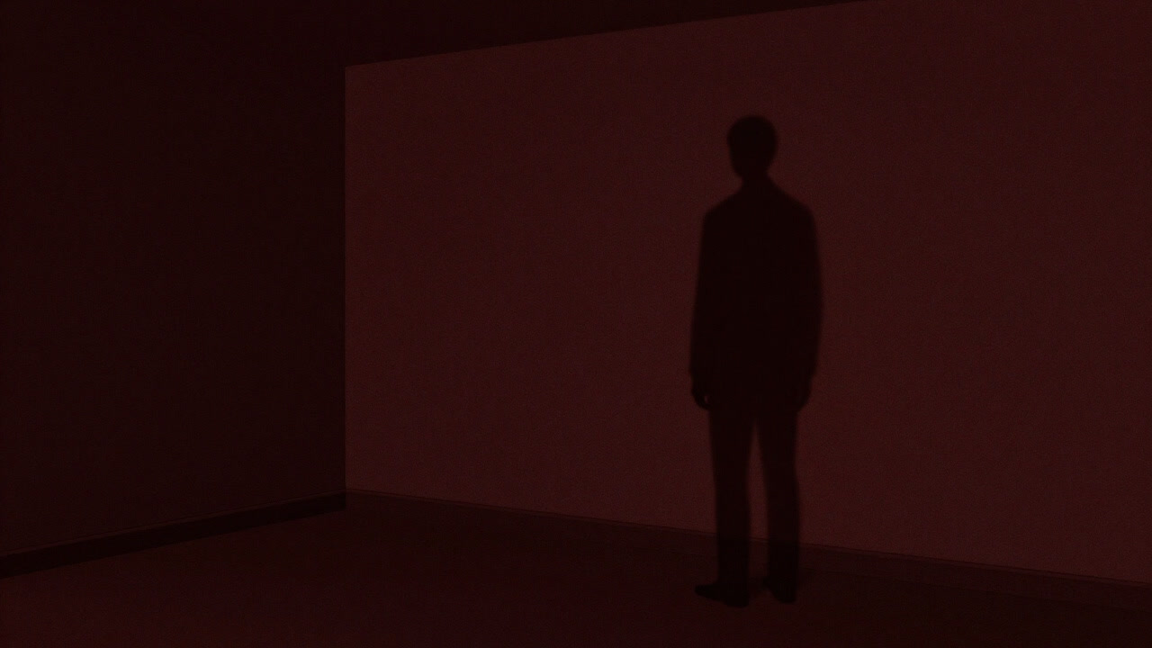 Silhouette of a person facing their shadow in a dark, silent room.