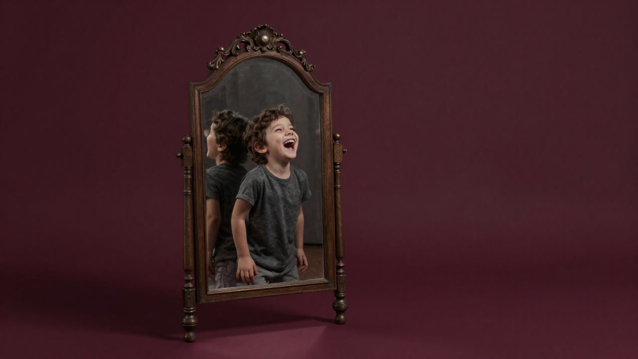 無邪気に笑う子どもが反射した鏡に映る歪んだ自分の影を見るイメージ