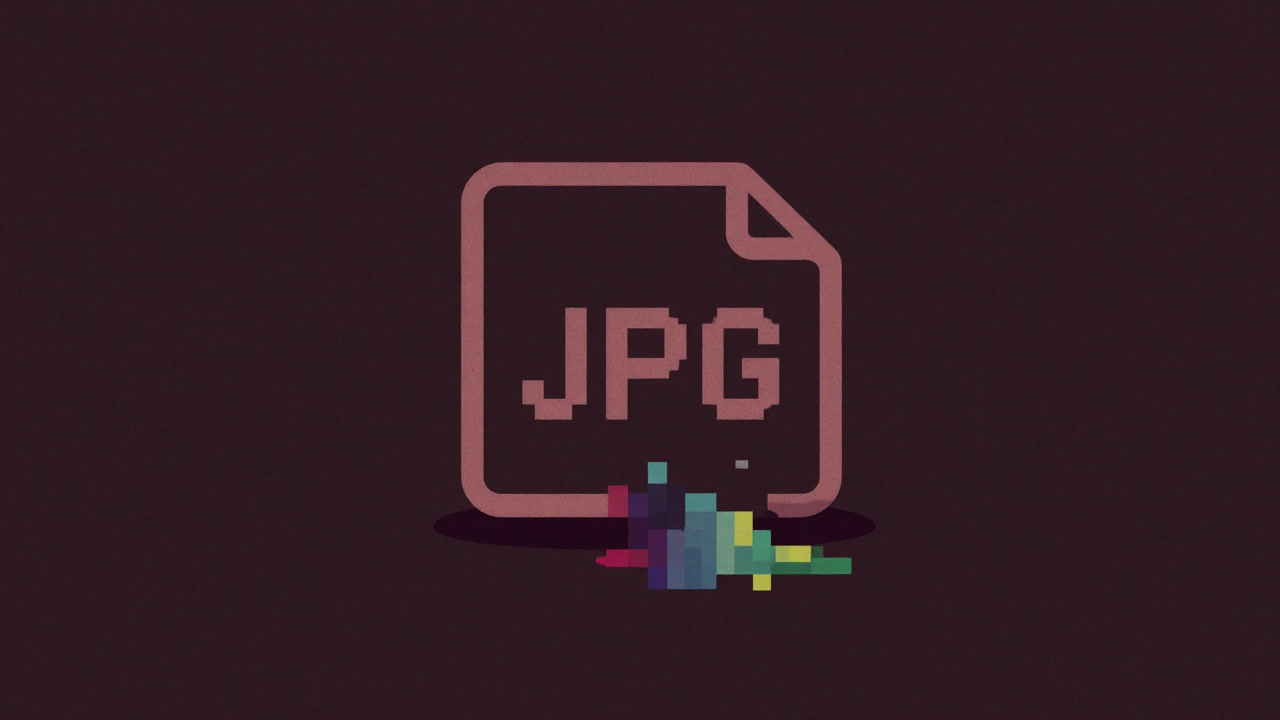 Illustration of a JPEG file icon melting into a puddle of colorful pixels