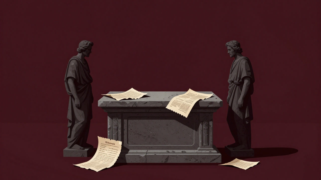 Statuesque leaders overlooking broken debt ledgers before an ancient altar