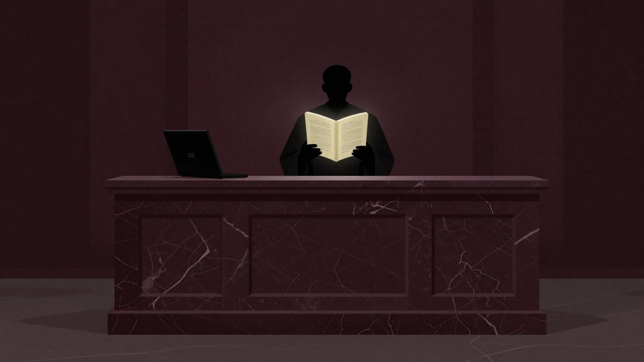 Silhouette of a judge holding up a Constitution book at the center of a marble courtroom