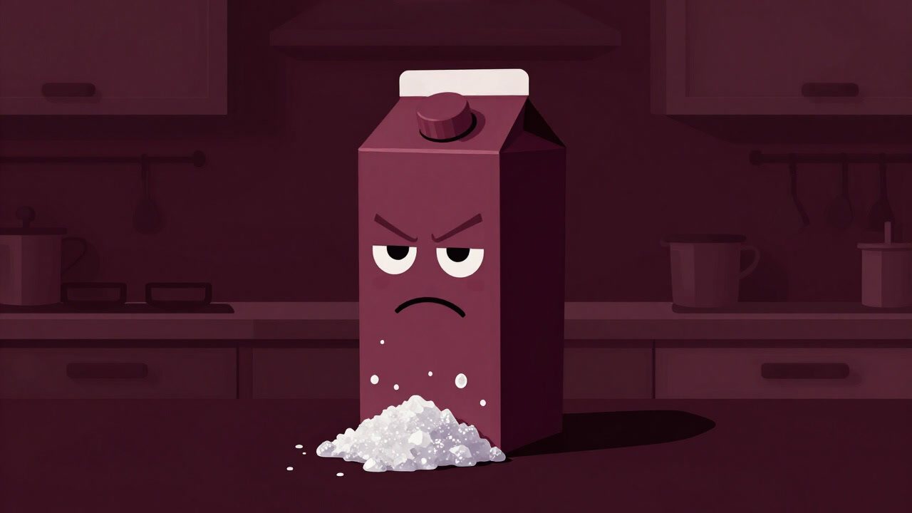 暗いキッチンで砂糖の結晶を滴らせながら罪悪感に押しつぶされた表情のジュースパックのイラスト