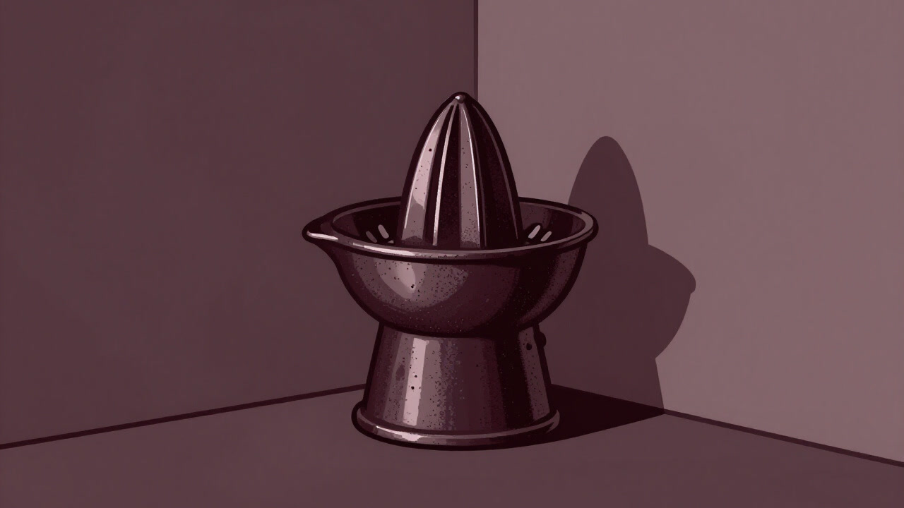 Image of an old juicer standing silently in the corner of a kitchen, exuding silent wrath.
