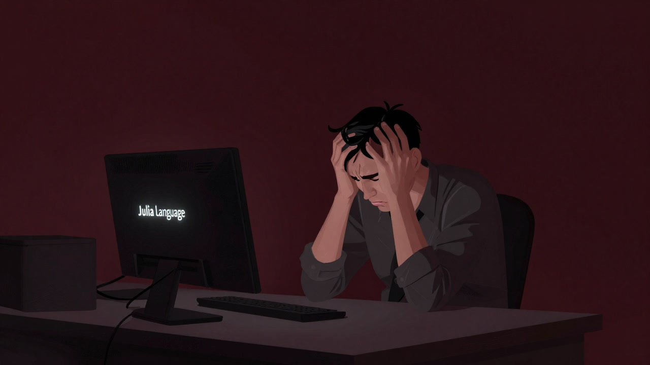 An engineer in a dark office exhausted from waiting for JIT compilation, holding their head while the Julia logo glows on the monitor.