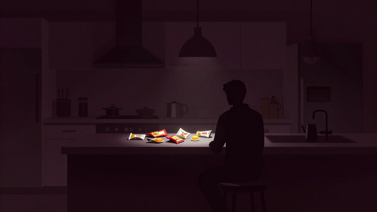 Silhouette of a person staring at glowing junk food wrappers in a dark kitchen