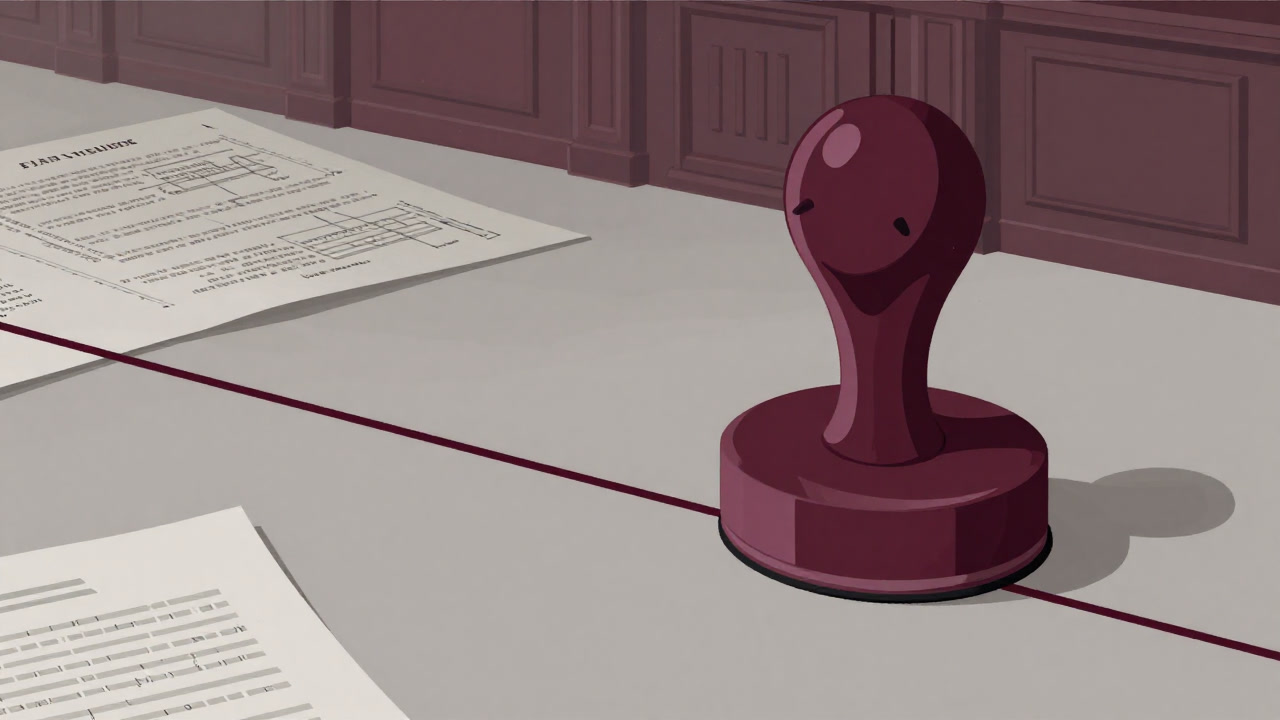 法的文書と裁判図面を背景に境界線を嘲笑う巨大なスタンプのイラスト