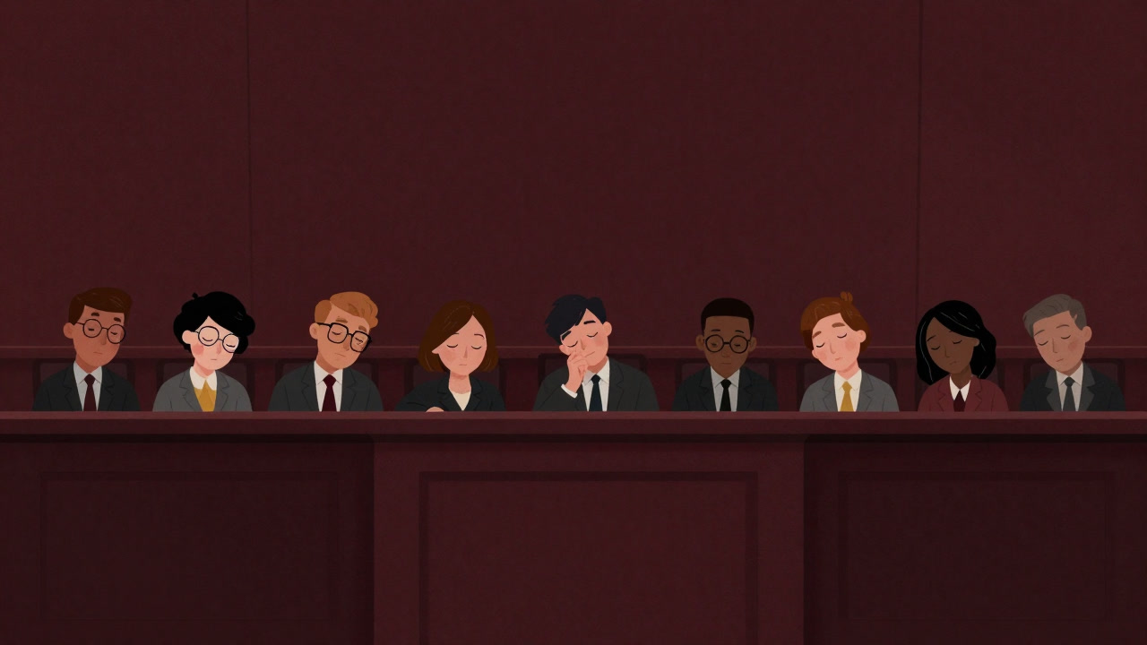 法廷の陪審席で居眠りをこく市民たちのイラスト