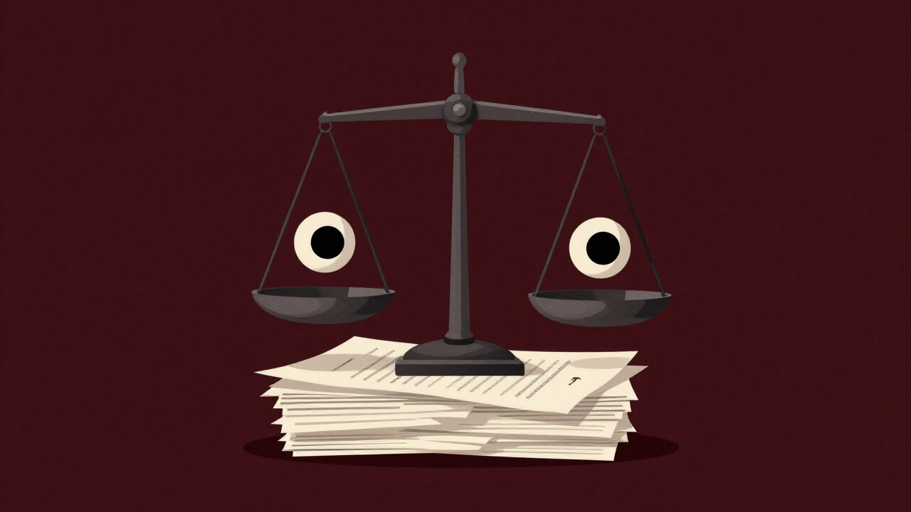 冷たい条約書の山の上に、虚ろな表情で座る天秤のイラスト