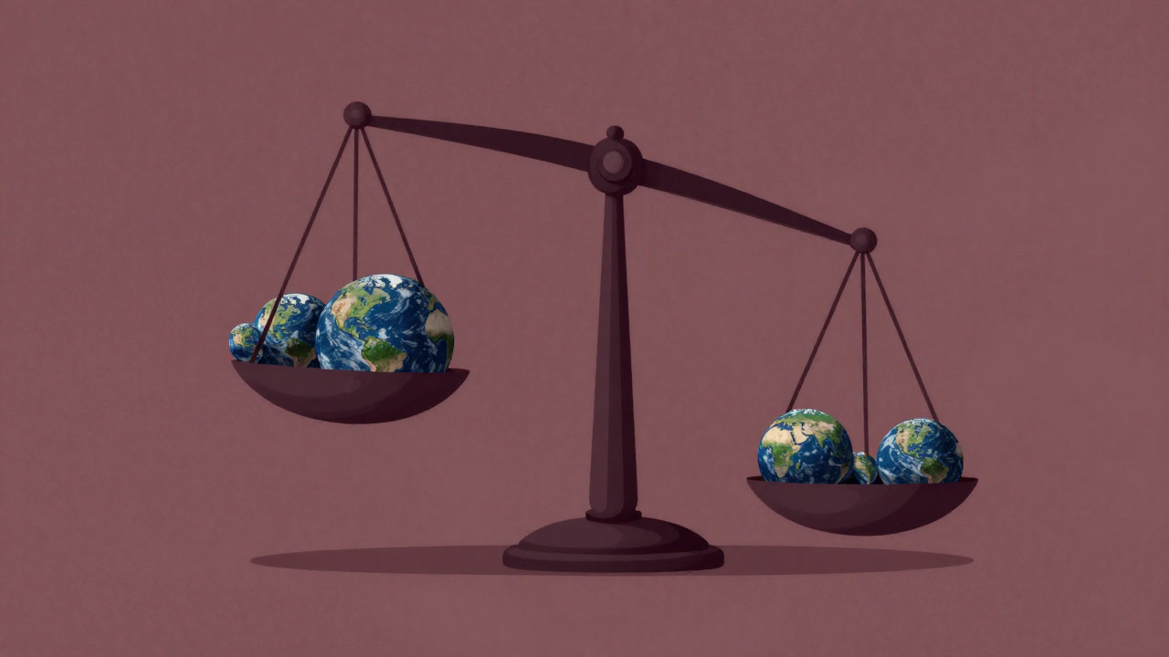 複数の地球と世代が巨大な天秤に乗っているが、天秤が片側に傾いているイラスト