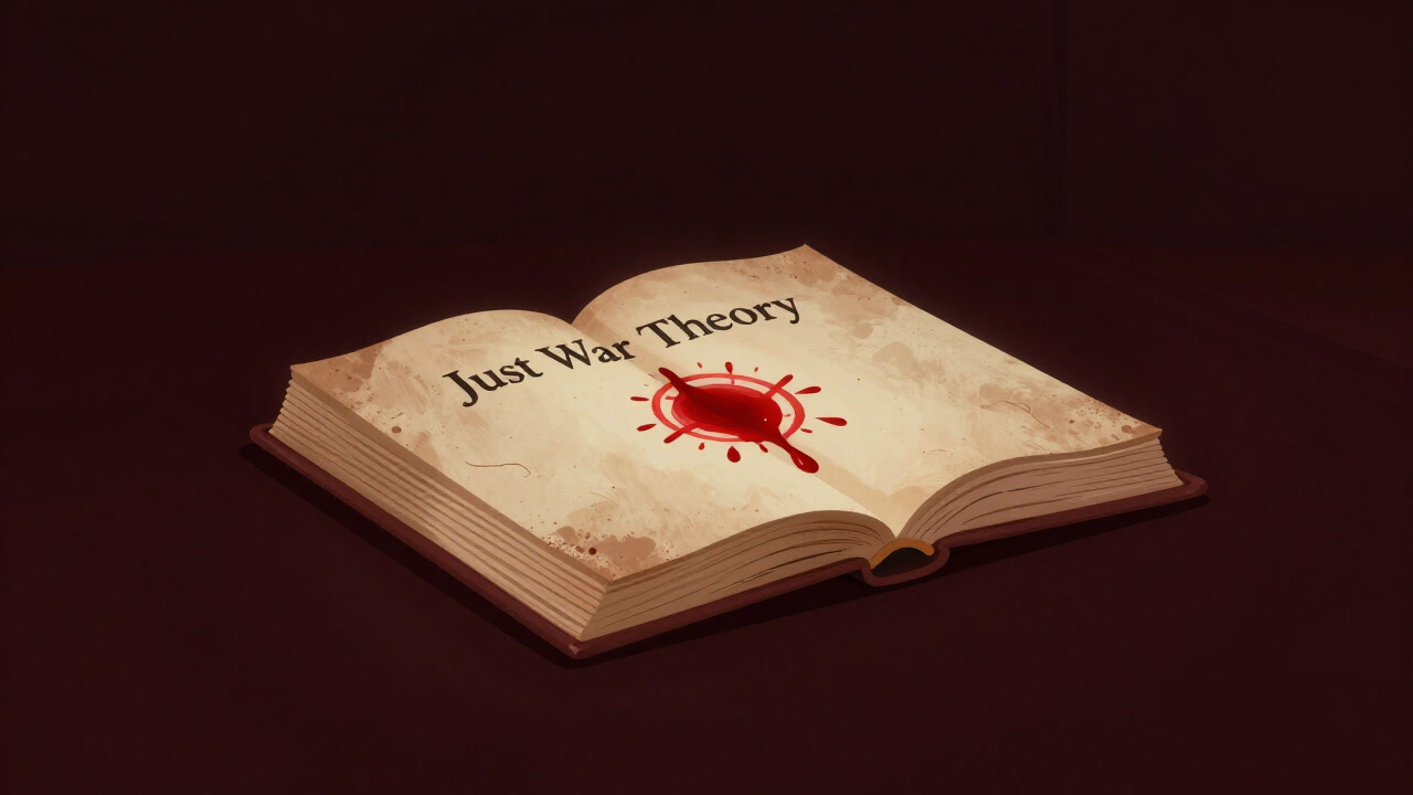 An ancient tome of just war theory opens luminous pages in darkness, blood droplets forming a seal.