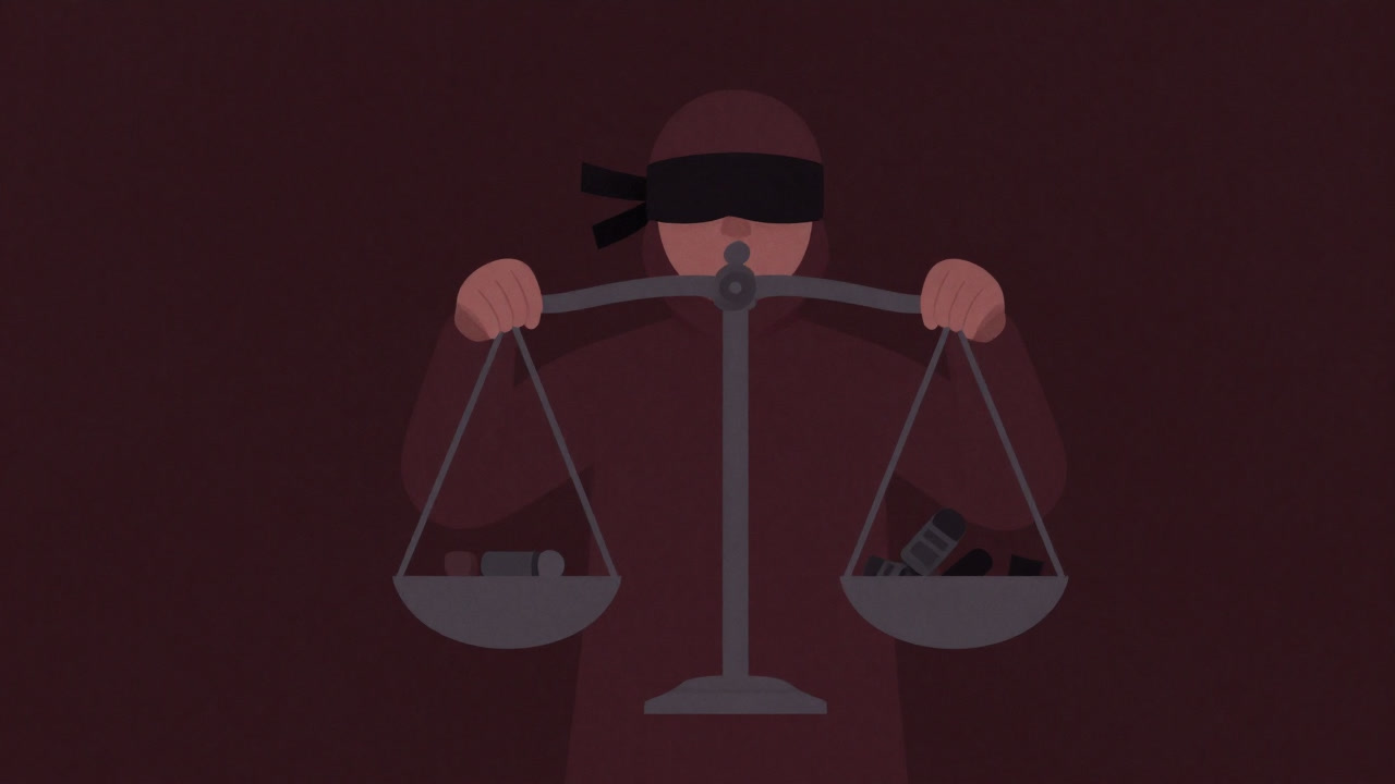 目隠しをした天秤持つ像が、賄賂と剣を秤にかける風刺画