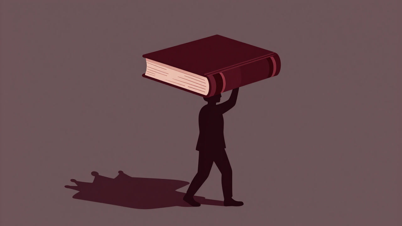 Silhouette of a person struggling under a heavy book overhead, whose shadow wears a luxurious crown