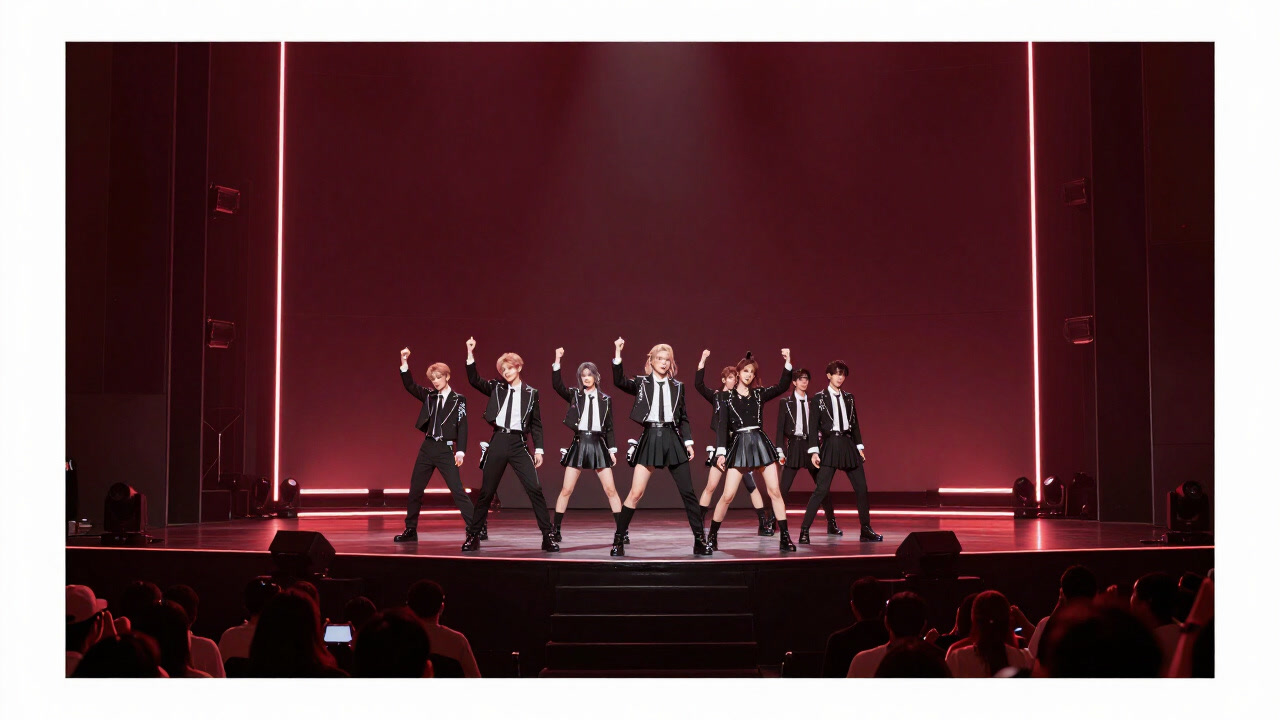 煌びやかなステージライトの下、完璧なフォーメーションで踊るアイドルグループのシルエット