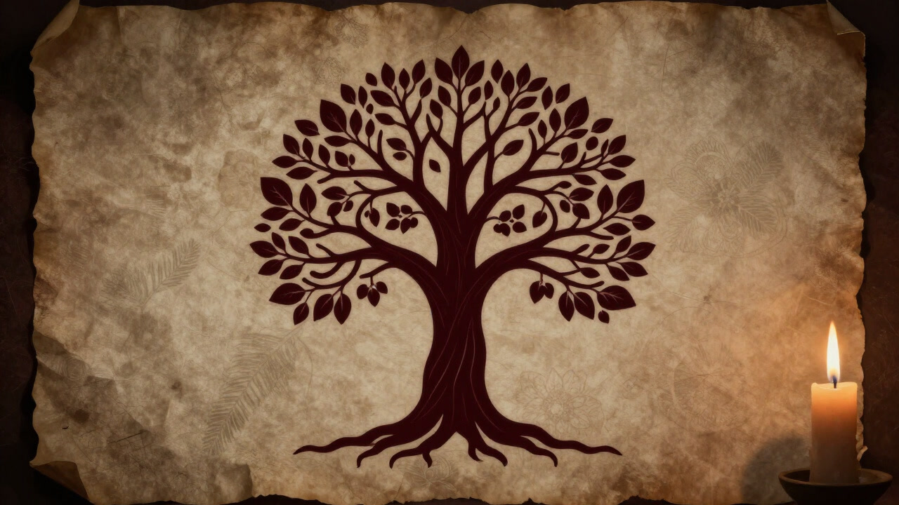 古びた羊皮紙に描かれた生命の樹のシルエットが、ろうそくの薄明かりでぼやけている画像
