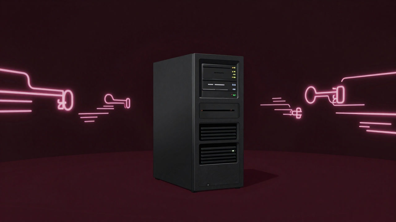 暗闇の中で無数のパーティションキーが渦巻く中、一台のKafkaブローカーが不安げに点滅するイメージ