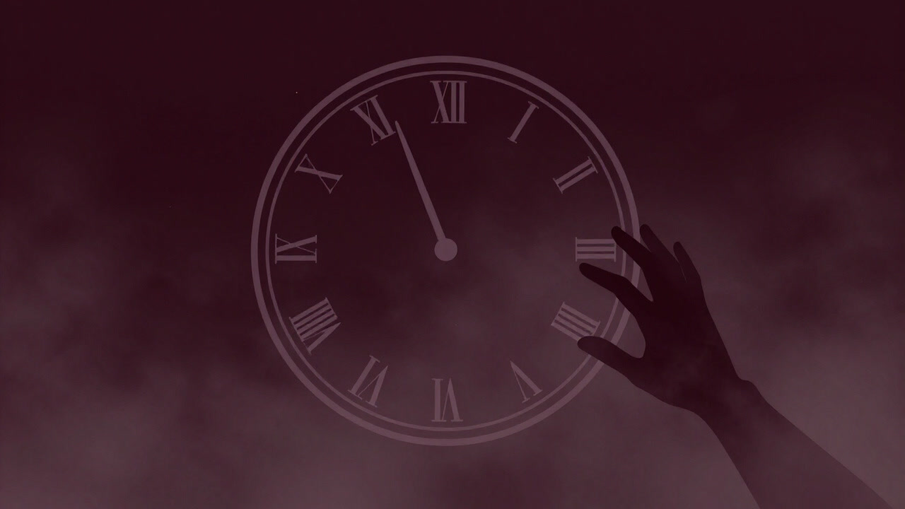 Silhouette of a hand reaching to catch a fading clock face floating in a dim sky