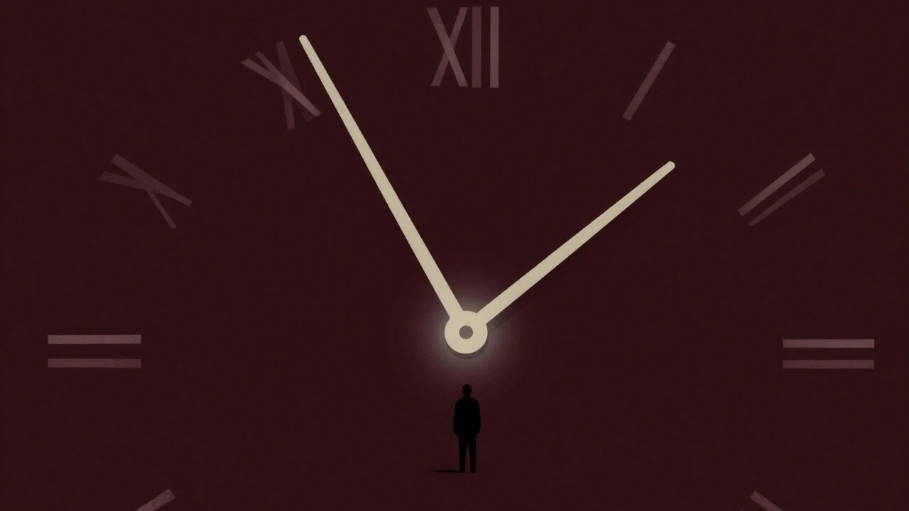 時計の針が奇妙に歪み、背景に神秘的な光が差す中、人物が佇む幻想的な瞬間のイメージ