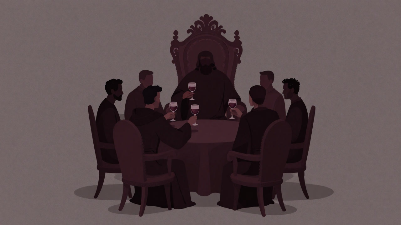 悪人が玉座に群がり、祝杯を挙げる暗い宮殿のイラスト