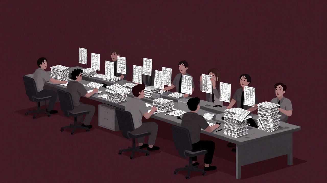 工場のラインにカードが山積みになり、作業員が呆然と佇む様子