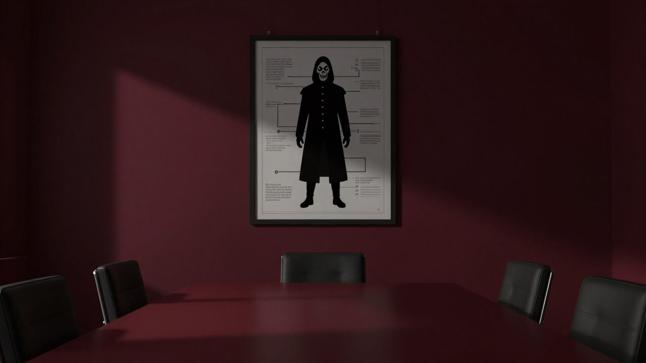 Image of a Kano model diagram hanging on a conference room wall, eerily lit by dim lights.