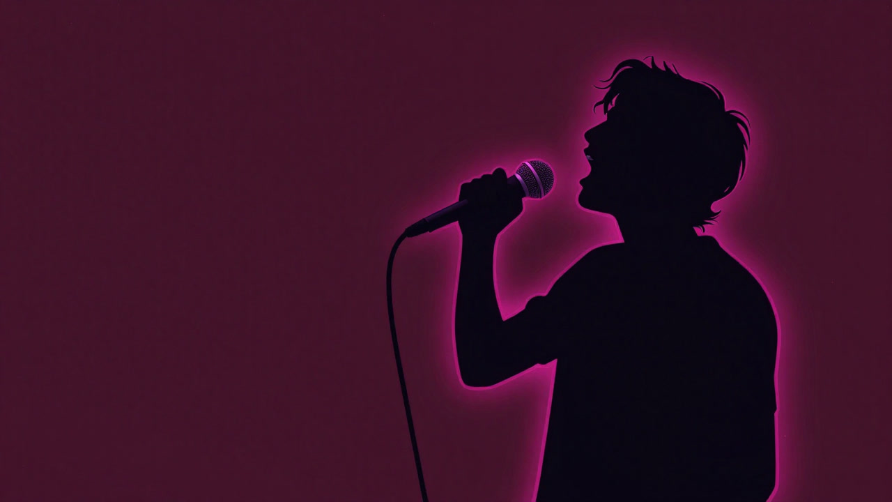 ネオンライトに照らされたカラオケルームで、マイクを握りしめる拳を見せつける酔っ払いのシルエット