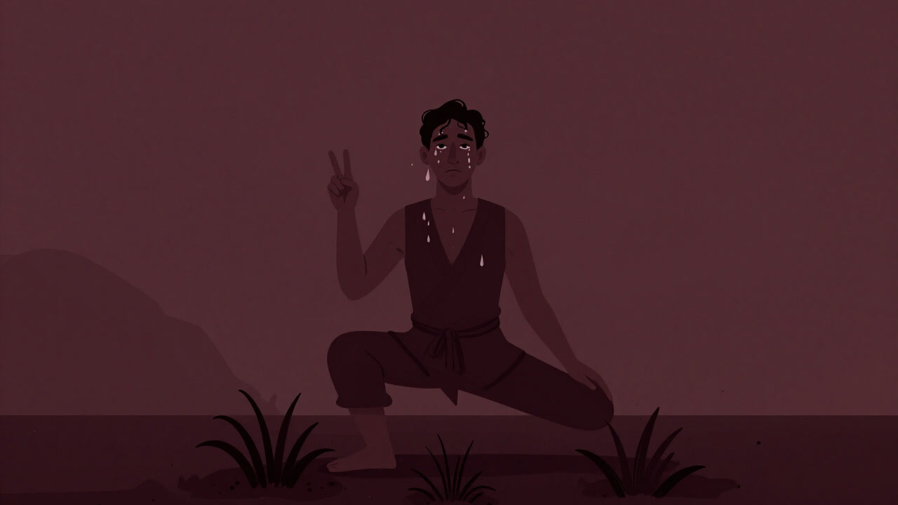 汗だくで草むしりを続ける修行者風の人が、後ろでカメラに向かってピースをしているイラスト