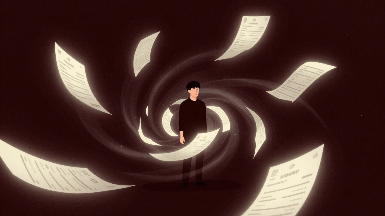 An illustration of a lone person standing bewildered in a cosmic space swirling with countless invoices