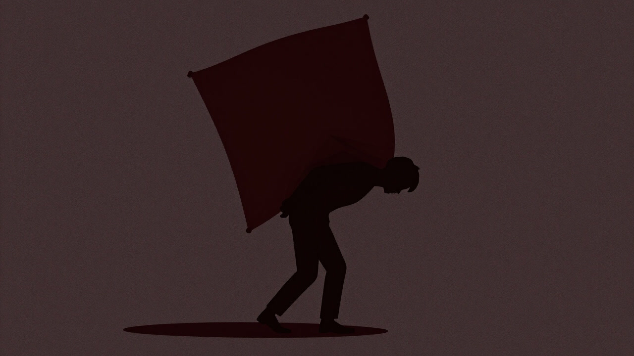 A silhouette of a person emptying themselves to become a vessel for others, smiling while bearing an invisible burden