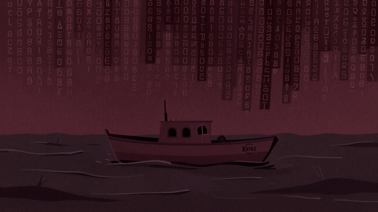 Illustration of a small boat carrying the Keras logo, trembling with a puzzled expression surrounded by error codes