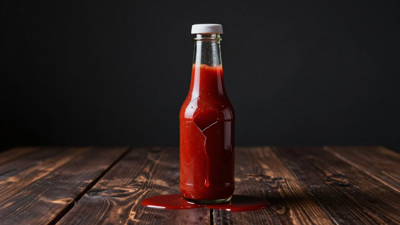 木製のテーブルの上で、ひび割れたガラス瓶から赤いケチャップが滴り落ちる様子。