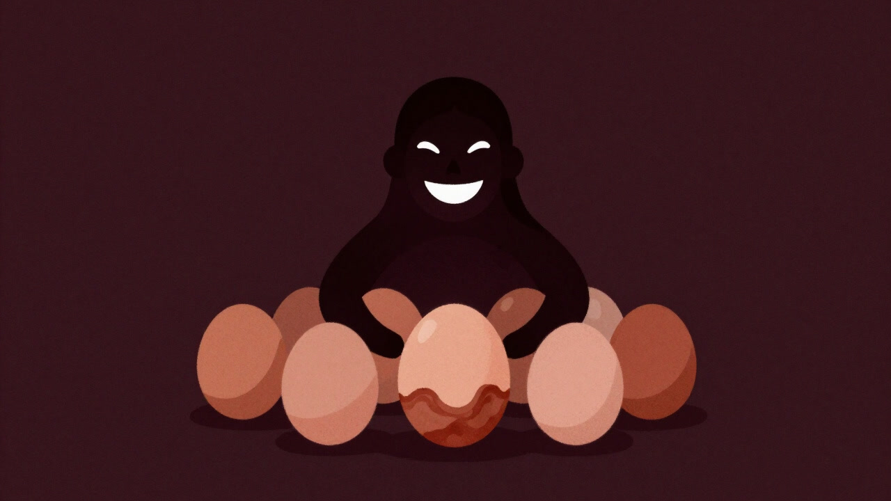 卵とベーコンに囲まれ、誇らしげに微笑む人のシルエット